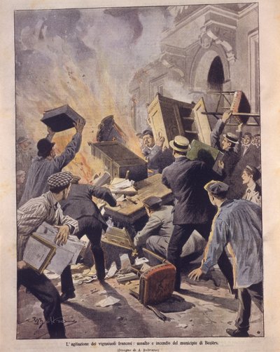 Titelillustration von Winzern, die das Rathaus von Beziers während der Aufstände in Frankreich in Brand setzen von Achille Beltrame