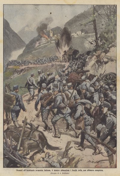 Vor dem unaufhaltsamen italienischen Vormarsch verlässt der Feind die Orte seiner flüchtigen Eroberung von Achille Beltrame
