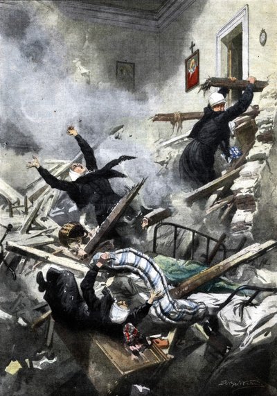 Katastrophe in einem Gebäude in Genua: Gute Schwestern verschwanden beim Einsturz von zwei Wohnungen. Ill. von Beltrame. „La Domenica del Corriere“. 04/1914 von Achille Beltrame
