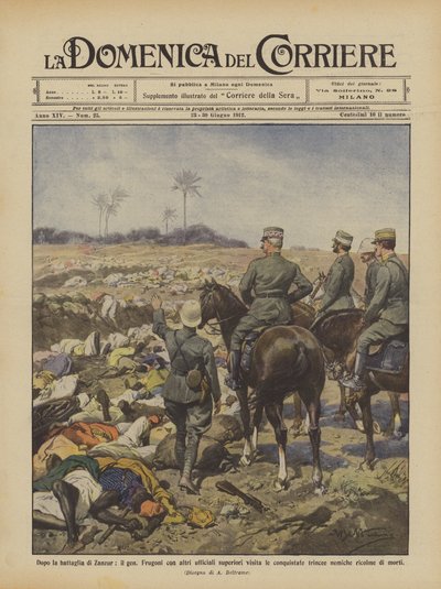 Nach der Schlacht von Zanzur, General Frugoni besucht mit anderen Offizieren die eroberten Stellungen von Achille Beltrame