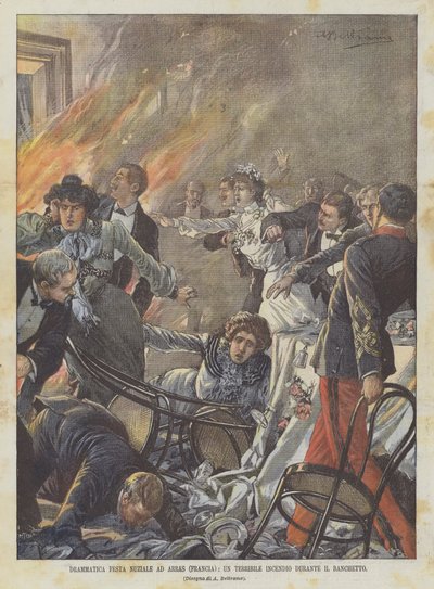 Dramatische Hochzeitsfeier in Arras (Frankreich), ein schrecklicher Brand während des Banketts von Achille Beltrame