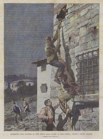 Dramatische nächtliche Flucht von neun Sträflingen aus dem Gefängnis von Serracapriola, bei S. Severo (Foggia) von Achille Beltrame
