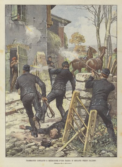 Dramatischer Konflikt und Zerstörung einer Räuberbande in der Nähe von Palermo von Achille Beltrame