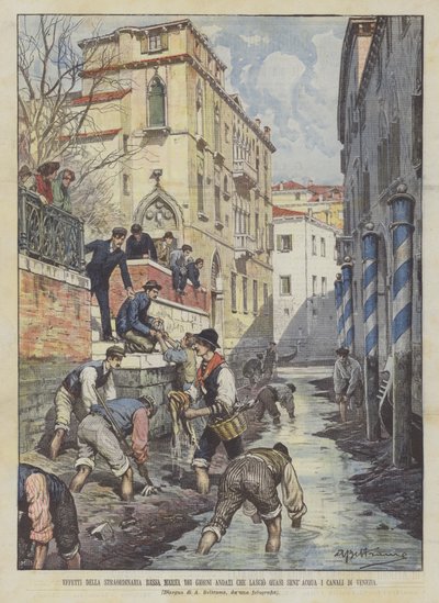 Auswirkungen der außergewöhnlichen Ebbe der vergangenen Tage, die die Kanäle von Venedig fast ohne Wasser ließ von Achille Beltrame