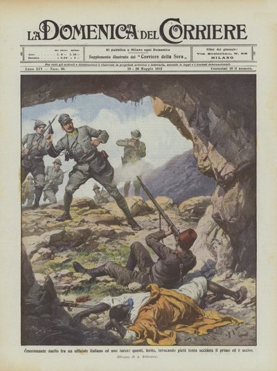 Spannendes Duell zwischen einem italienischen und einem türkischen Offizier, der verwundete Türke bittet um Gnade von Achille Beltrame