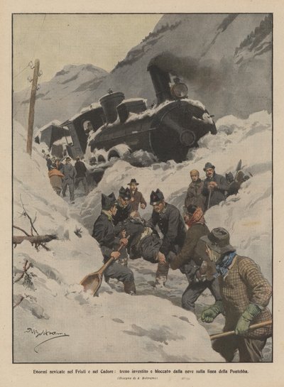 Enorme Schneefälle in Friaul und Cadore, Zug von Schnee auf der Pontebba-Linie erfasst und blockiert von Achille Beltrame
