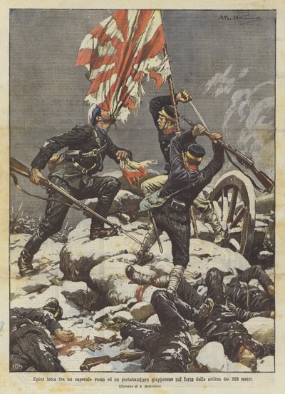 Epischer Kampf zwischen einem russischen Korporal und einem japanischen Fahnenträger auf dem Fort des 203 Meter hohen Hügels von Achille Beltrame