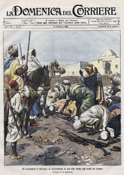Ereignisse in Marokko: Ein rebellischer Stamm ergibt sich den Vertretern des Sultans. Illustration von Beltrame. La Domenica del Corriere von Achille Beltrame