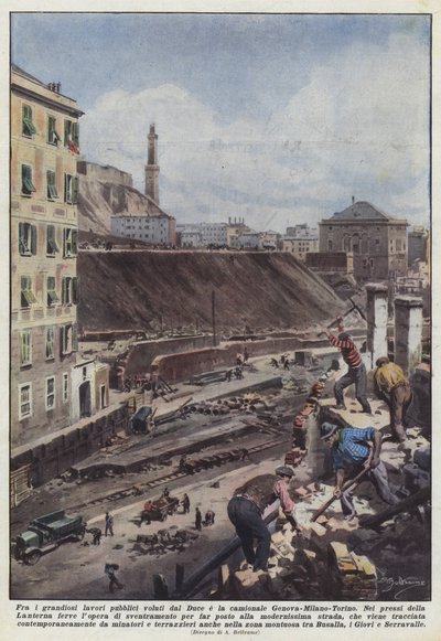 Unter den großartigen öffentlichen Arbeiten, die der Duce wollte, die Autobahn Genua-Mailand-Turin von Achille Beltrame