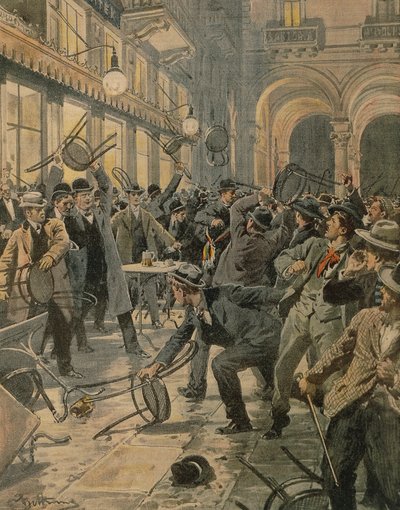 Generalstreik der Arbeiter in Mailand, Unruhen in der Galleria Vittorio Emanuele II, von Achille Beltrame, Illustration, Illustrator Achille Beltrame (1871-1945), aus La Domenica del Corriere von Achille Beltrame
