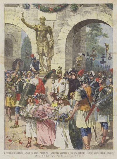 Die Kaiser von Deutschland vor dem Decumanus-Tor der alten Burg von Saalburg während... von Achille Beltrame