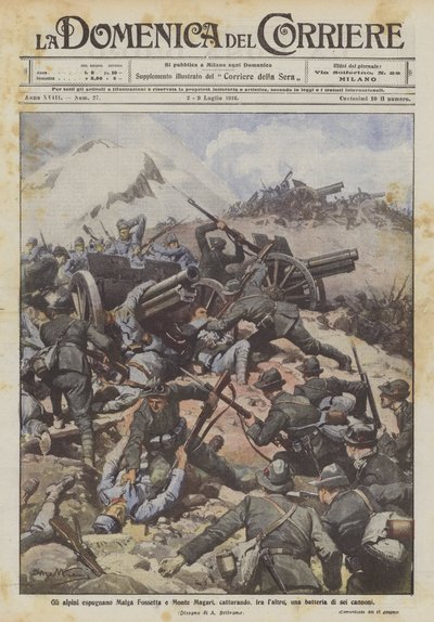 Die Alpini erobern Malga Fossetta und Monte Magari und nehmen unter anderem eine Batterie von sechs Kanonen gefangen von Achille Beltrame