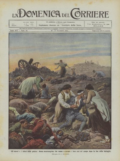 Die Schrecken und Leiden des Krieges, montenegrinische Frauen suchen ihre Angehörigen auf dem Schlachtfeld... von Achille Beltrame