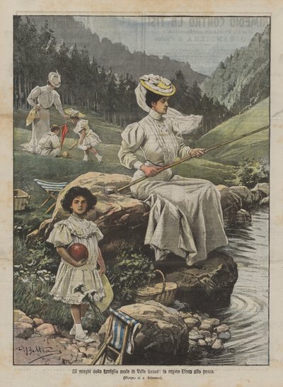 Die Freizeitaktivitäten der königlichen Familie im Valle Gesso, Königin Elena beim Angeln von Achille Beltrame