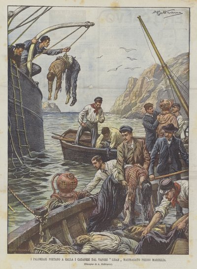 Taucher bergen die Leichen aus dem vor Marseille gesunkenen Dampfer Liban von Achille Beltrame