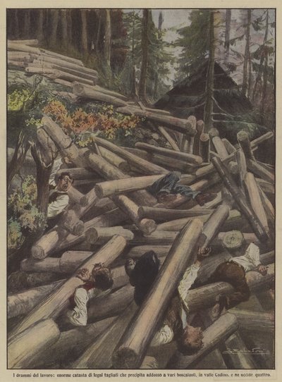 Die Dramen der Arbeit, ein riesiger Stapel gefällter Bäume stürzt auf mehrere Holzfäller von Achille Beltrame