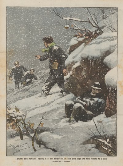 Die Dramen des Berges, ein 81-jähriger Mann wird im Alta Valle Stura nach einer Nacht im Schnee gerettet von Achille Beltrame
