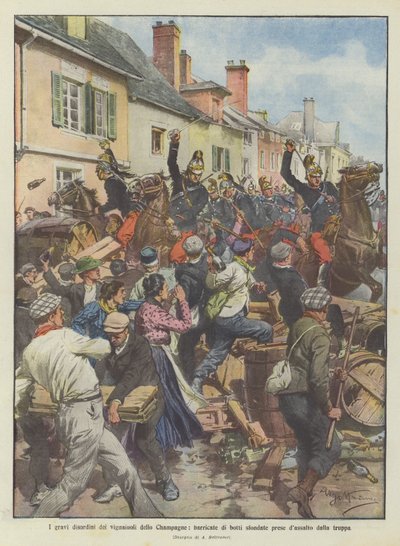 Schwere Unruhen der Winzer in der Champagne, Barrikaden aus zerbrochenen Fässern von Truppen gestürmt von Achille Beltrame
