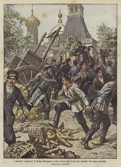 Die streikenden Bäcker von Moskau zerstören das von außen gebrachte Brot, um zu verhindern, dass es verteilt wird von Achille Beltrame