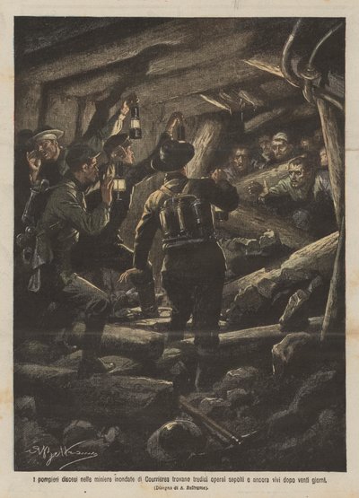 Die Feuerwehrleute, die in die überfluteten Minen von Courrieres hinabgestiegen sind, finden dreizehn begrabene Arbeiter von Achille Beltrame