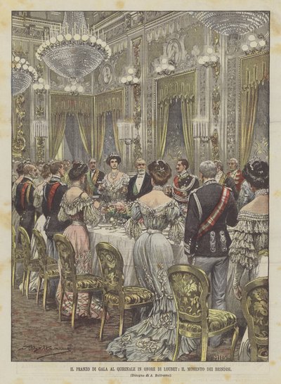 Das Galadinner im Quirinal zu Ehren von Loubet, der Moment der Trinksprüche von Achille Beltrame