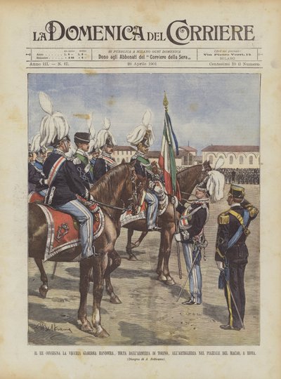 Der König übergibt die alte, ruhmreiche Fahne, die aus der Waffenkammer von Turin stammt, an die Artillerie von Achille Beltrame