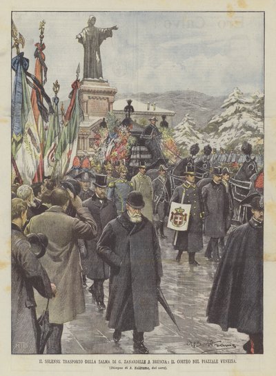 Der feierliche Transport des Leichnams von G. Zanardelli nach Brescia, der Umzug auf dem Piazzale Venezia von Achille Beltrame