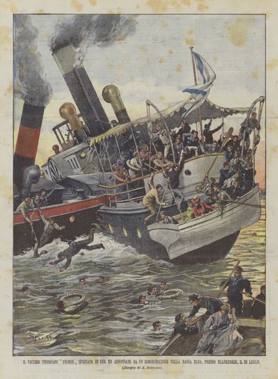 Das alte Dampfschiff Primus in zwei Teile gebrochen und von einem Schlepper in der unteren Elbe versenkt von Achille Beltrame