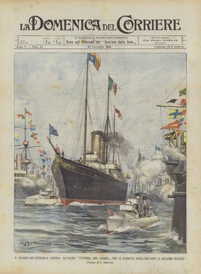 Die Reise der Monarchen nach London, die Yacht Victoria and Albert passiert die englische Flotte von Achille Beltrame