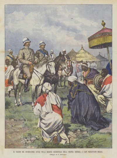 Die Reise des Zivilgouverneurs in die westliche Region der Kolonie Eritrea, die Häuptlinge präsentieren Geschenke von Achille Beltrame