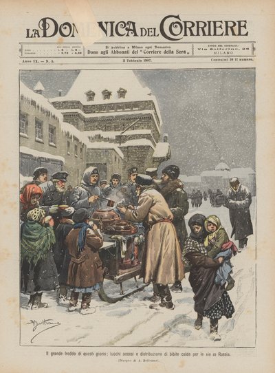 Die große Kälte dieser Tage, Feuerstellen und Verteilung von heißen Getränken auf den Straßen in Russland von Achille Beltrame