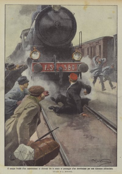 Die Kaltblütigkeit eines Bahnhofsvorstehers, legt sich zwischen die Schienen beim Durchfahren eines Schnellzugs von Achille Beltrame