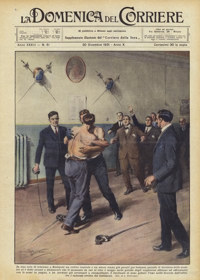 In einem Fechtsaal in Budapest waren ein Theaterkritiker und ein Schauspieler bereit, sich zu duellieren? von Achille Beltrame