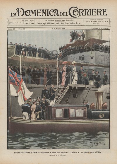 Treffen der Monarchen von Italien und England an Bord des Schlachtschiffs Umberto I im kleinen Hafen von Baja von Achille Beltrame