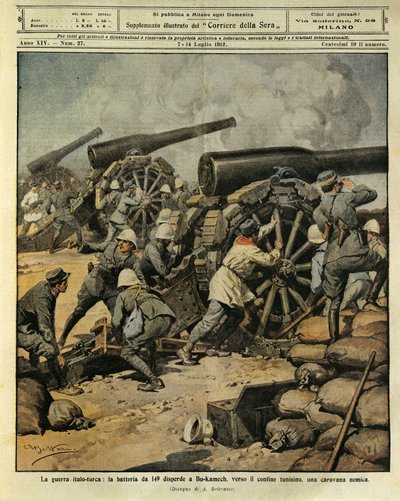 Italo-Türkischer Krieg, Batteriebeschuss von Kanone Nr. 149, der eine feindliche Karawane bei Bu-Kamek in Richtung der tunesischen Grenze vertreibt, Illustrator Achille Beltrame (1871-1945), aus La Domenica del Corriere, 7. Juli 1912 von Achille Beltrame
