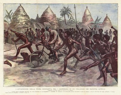 Das Erscheinen des ersten Fahrrads unter den Kannibalen, in einem Dorf der Bangwa (Afrika) von Achille Beltrame