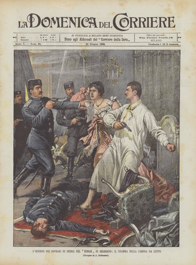 Das Massaker an den Monarchen von Serbien im Konak von Belgrad, das Drama im Schlafzimmer von Achille Beltrame