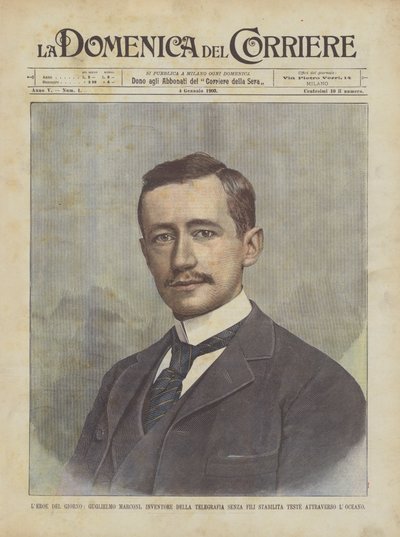 Der Held des Tages, Guglielmo Marconi, Erfinder der drahtlosen Telegrafie, die gerade über den Ozean etabliert wurde von Achille Beltrame