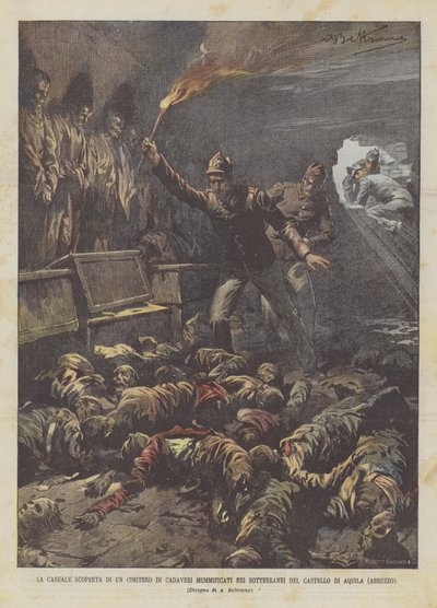 Der zufällige Fund eines Friedhofs mit mumifizierten Leichen in den Kellern des Schlosses von Aquila (Abruzzen) von Achille Beltrame