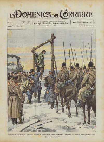 Der Russisch-Japanische Krieg, Japaner werden von Russen überrascht, während sie versuchen, die Eisenbahn zu zerstören von Achille Beltrame
