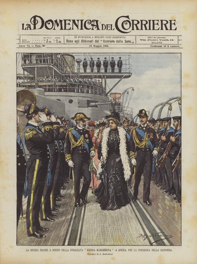Die Königinmutter an Bord des Schlachtschiffs Regina Margherita in Spezia, zur Übergabe der Flagge von Achille Beltrame