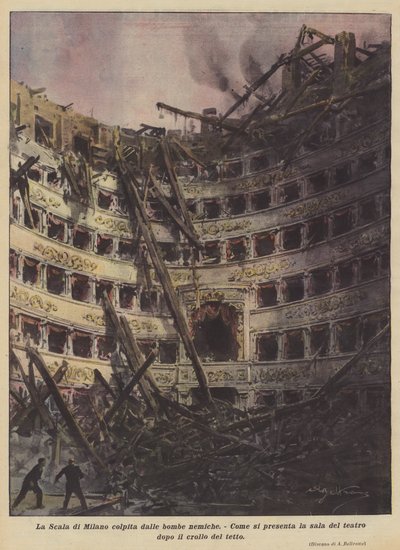 Die Scala von Mailand von feindlichen Bomben getroffen von Achille Beltrame