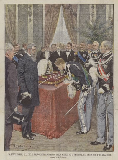 Die feierliche Übergabe des Helms, des Schwertes und der Medaillen von König Umberto an die Stadt Turin von Achille Beltrame