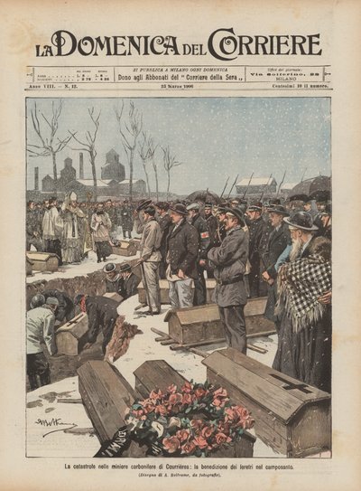Die Katastrophe in den Kohleminen von Courrieres, die Segnung der Särge auf dem Friedhof von Achille Beltrame