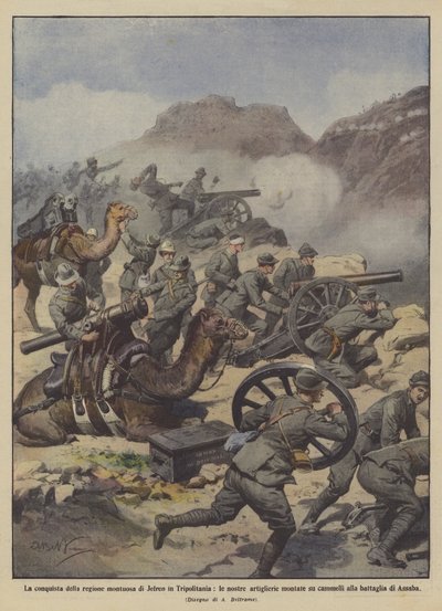 Die Eroberung der Bergregion von Jefren in Tripolitanien, unsere Artillerie montiert von Achille Beltrame