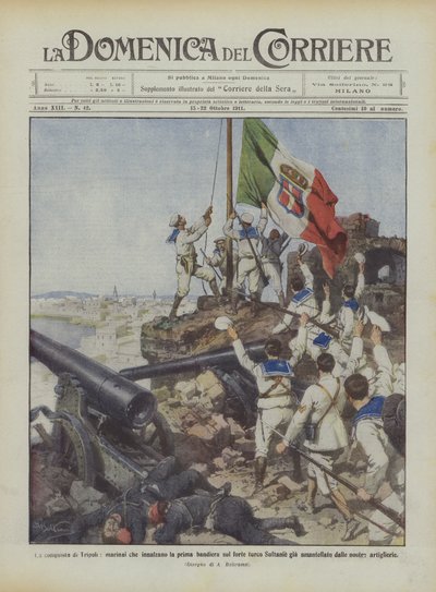 Die Eroberung von Tripolis, Matrosen hissen die erste Flagge auf der türkischen Festung Sultanie von Achille Beltrame