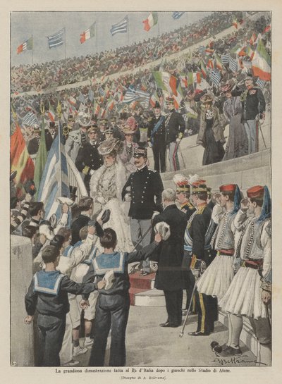 Die großartige Demonstration zu Ehren des Königs von Italien nach den Spielen im Stadion von Athen von Achille Beltrame