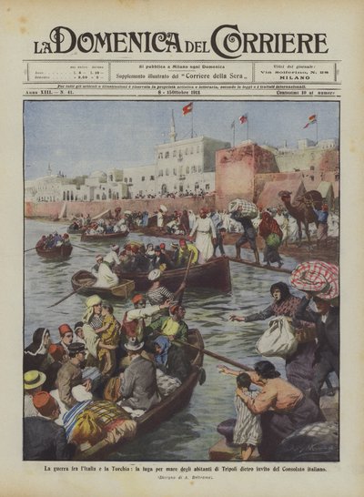 Der Krieg zwischen Italien und der Türkei, die Flucht der Einwohner von Tripolis auf See von Achille Beltrame