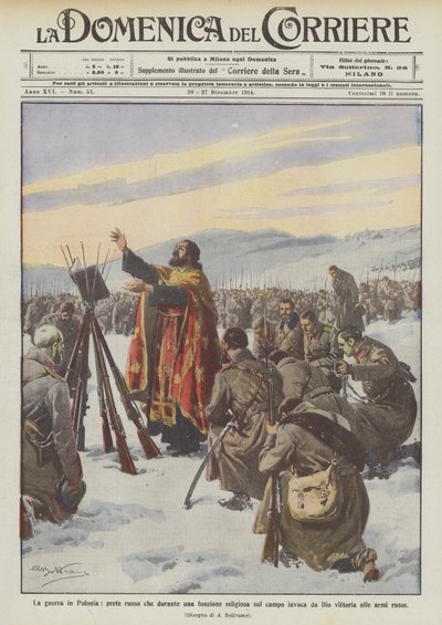 Der Krieg in Polen, russischer Priester, der während einer religiösen Zeremonie auf dem Feld Gott anruft von Achille Beltrame