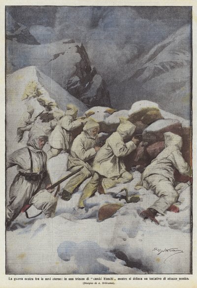Unser Krieg im ewigen Schnee, in einem Graben mit weißen Kitteln während sich... von Achille Beltrame